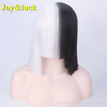 Half Black Half White Party Wig for Women With Bangs wholesale Natural Straight Short Bob Cut Wig Cosplay Synthetic Hair Wig